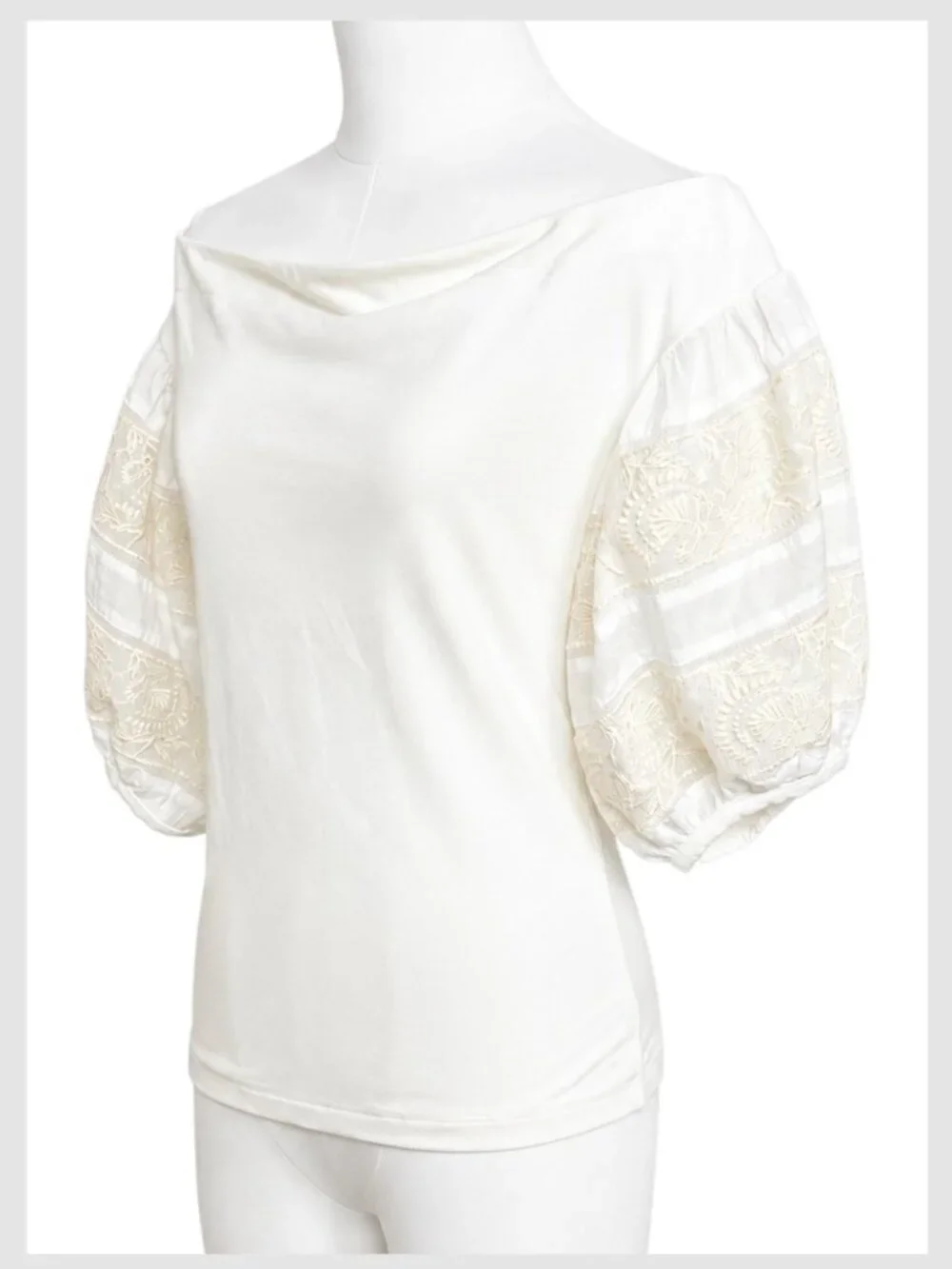 Free People Rock With It Off Shoulder Puff Embroidered Sleeve Top Ivory S
